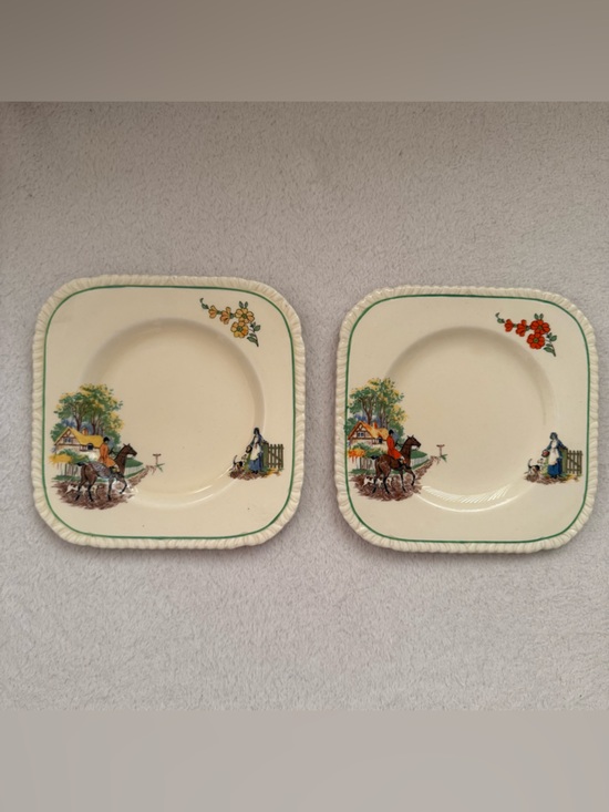 antique original Other - Antique RARE 1930’s Art Deco ~ Dessert Plates Set Hunting Scene Horses Drawn Art